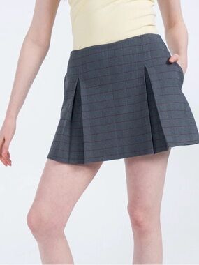 Gray Plaid Pleated Mini Skirt - Gray with Subtle Red Accents
